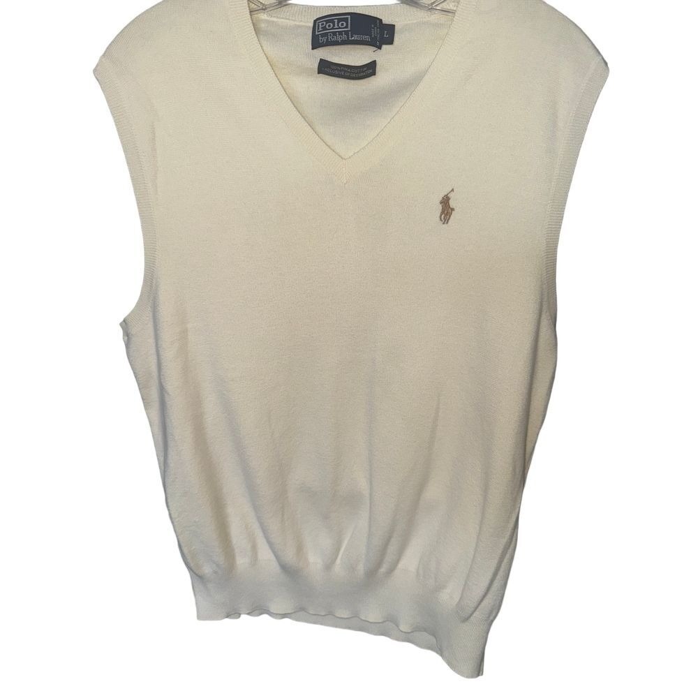 Polo Ralph Lauren Sweater Vest Mens L Cream Excellent Pima Cotton V-Neck Pony